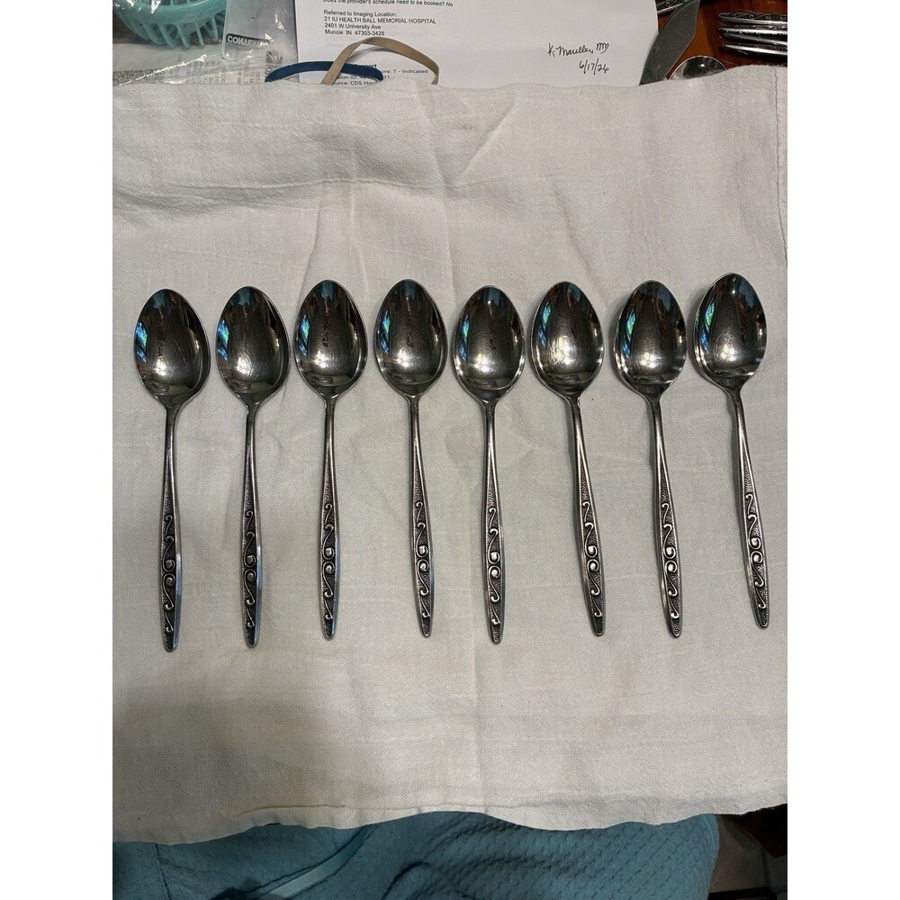 HF Hanford Forge RUTGERS Stainless Flatware  TEASPOONS Lot Of 8 Japan MCM